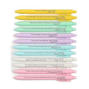 May include: A set of ten colourful pens with inspirational quotes from the Bible. Each pen features a different colour and a different quote. The quotes are printed in white text on a coloured background.