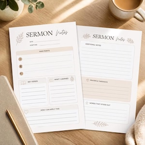 May include: Two white paper sermon notes sheets with beige accents and botanical illustrations. The first sheet includes sections for date, scripture, main points, key verses, what I learned, and how I can apply this. The second sheet features additional notes, prayers, takeaways, and words that stood out.