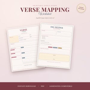 May include: A printable two-page Bible study verse mapping worksheet set. The pages feature sections for verse, translation, key people, and prayer. The text includes 'VERSE MAPPING', 'DIG DEEPER into His Word', and 'Instant Download'.