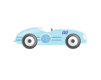 May include: A light blue toy race car with black wheels and a blue stripe. The car has a white circle on the side.