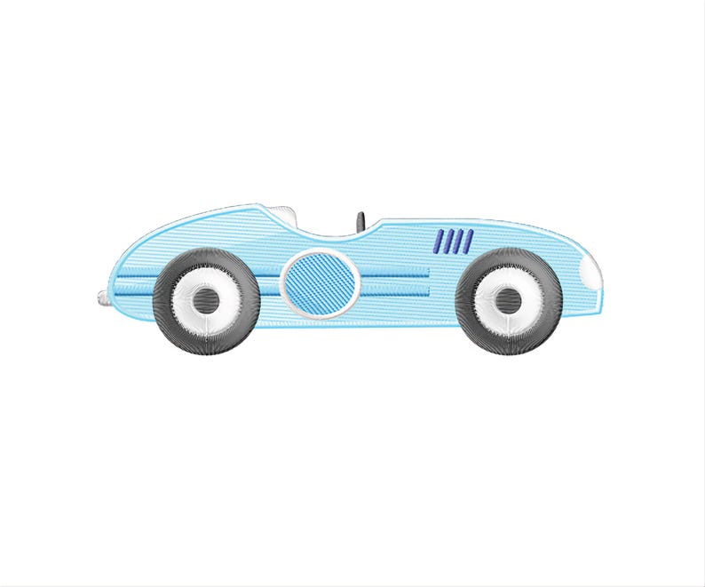 Pode incluir: Um carro de corrida de brinquedo azul claro com rodas pretas e uma faixa azul. O carro tem um c&iacute;rculo branco no lado.