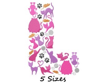 Cats Monogram Machine Embroidery Design, Letter L Embroidery Pattern, Instant Download - 5 sizes