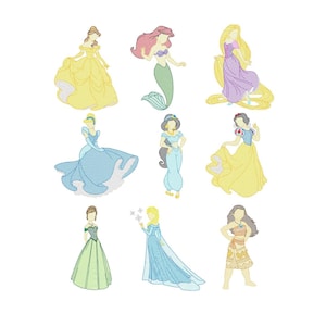Cartoon Inspired Princess Bundle Machine Embroidery Design, Princess Sketch Fill Pattern, Instant Download