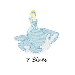 May include: An embroidered design of a woman in a light blue ball gown with long gloves and a yellow updo. The text "7 Sizes" is below the image.