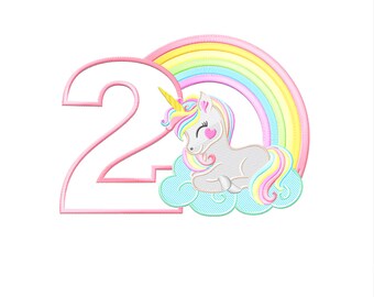May include: A pink number two with a white outline. A unicorn with a rainbow mane and tail is sitting on a cloud in front of the number. The unicorn is looking to the left and has a pink heart on its cheek.