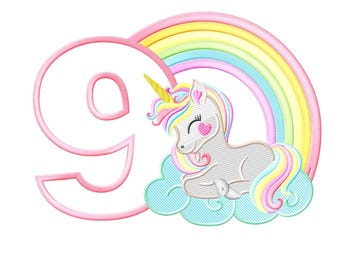 May include: A pink number nine with a white outline, a rainbow, a white unicorn with a pink horn, pink and yellow mane and tail, and a blue cloud.