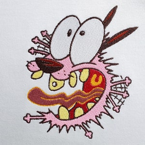 Diseño de bordado de perro rosa asustado, diseño de bordado a máquina de perro de dibujos animados, descarga instantánea en 7 tamaños