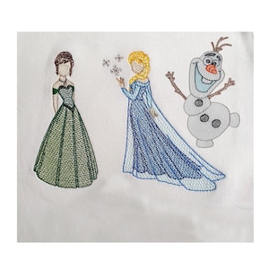 May include: Embroidered design featuring three characters: a woman in a green gown, a woman in a blue gown with a cape, and a snowman. The characters are from a popular animated movie. The design is on a white background.