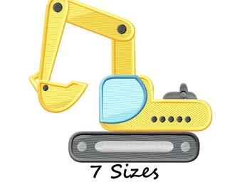 Può includere: Design ricamato di escavatore giallo con cabina blu e cingoli neri. Il design include il testo "7 dimensioni".