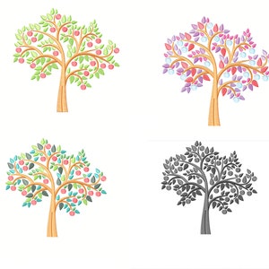 May include: Four stylized illustrations of trees with different colored leaves and fruits. The trees have a simple design with a brown trunk and branches. The first tree has green leaves and pink fruits. The second tree has purple leaves and blue fruits. The third tree has green and blue leaves and pink fruits. The fourth tree has gray leaves and gray fruits.