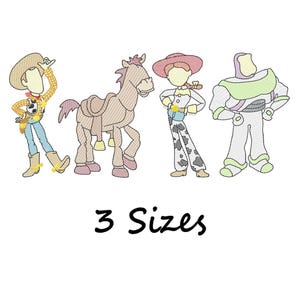 May include: Embroidered design featuring characters from a popular animated film. The design includes a cowboy, a horse, a cowgirl, and a space ranger. The text "3 Sizes" is below the characters. The design is in shades of tan, blue, and green.