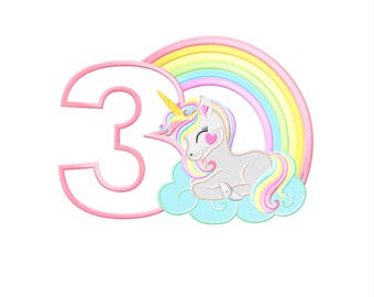 May include: Pink number three with a white outline. A unicorn with a rainbow mane and tail is lying on a cloud with a rainbow arch behind it.