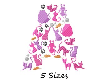 Cats Monogram Machine Embroidery Design, Letter A Embroidery Pattern, Instant Download - 5 sizes