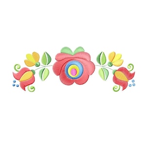 May include: Embroidered floral design with a central red flower, blue, yellow, and green details, and smaller yellow and red flowers with green leaves. Set against a white background.