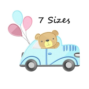 風船と車に乗ったクマの刺繍デザイン、男の子用クラシックカーの機械刺繍パターン、すぐにダウンロード可能 - 7 サイズ