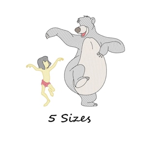 May include: An embroidered design featuring Baloo the bear and Mowgli from The Jungle Book, in gray, beige, pink, and yellow. The text "5 Sizes" is below the characters. This design is suitable for embroidery projects.