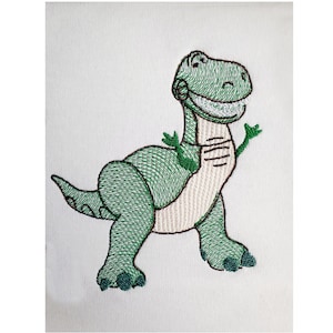 Diseño de bordado a máquina de dinosaurio inspirado en dibujos animados, patrón de bordado de T-Rex de juguete verde con relleno de boceto, descarga instantánea - 5 tamaños