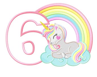 May include: A white number six with a pink outline. A unicorn with a rainbow horn is lying on a blue cloud with a rainbow behind it. The unicorn has a pink heart on its cheek.