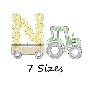 May include: An embroidered design of a green tractor pulling a wagon loaded with hay bales. The text "7 Sizes" is below the image. The design is on a white background.