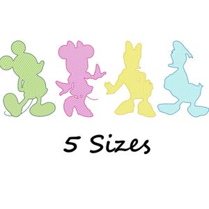 Puede incluir: Siluetas de Mickey Mouse, Minnie Mouse, Donald Duck y Daisy Duck en verde, rosa, amarillo y azul. El texto "5 Sizes" está debajo. Los personajes están delineados con un patrón texturizado.