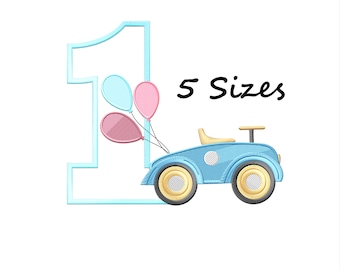 May include: A light blue number one with a light blue outline, three balloons, and a blue car with yellow wheels. The text "5 Sizes" is written in black. The image is on a white background.