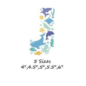 May include: An embroidered design featuring various sea creatures, including a whale, dolphin, and octopus, arranged in a vertical pattern. The design includes the text "5 Sizes" and measurements ranging from 4" to 6" in height. The color palette includes shades of blue, yellow, and green.