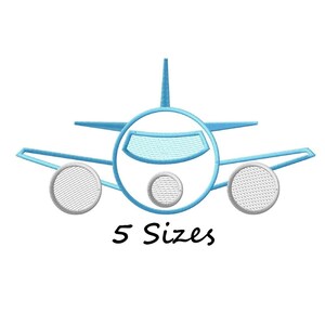May include: A blue embroidered airplane design with white detailing. The image shows a front view of the plane with the text "5 Sizes" in black script below the plane. The plane has two wings and three circular engines.