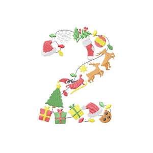 May include: An embroidered design in the shape of the number two, decorated with Christmas-themed elements. The design includes a Santa hat, Christmas tree, reindeer, gifts, and a stocking, all in festive colors.