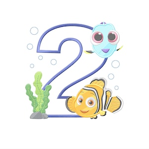 Blue Tang and Clownfish Second Birthday Machine Embroidery Design, Applique Number 2 Embroidey Pattern, Instant Download - 3 Sizes
