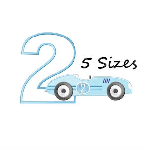 May include: Blue and white embroidery design of the number 2 with a blue racing car next to it. The text "5 Sizes" is above the car.