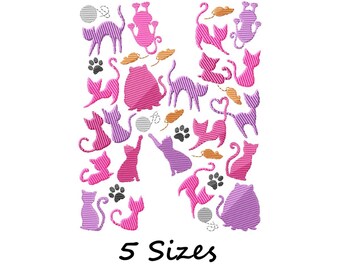 Cats Monogram Machine Embroidery Design, Letter N Embroidery Pattern, Instant Download - 5 sizes