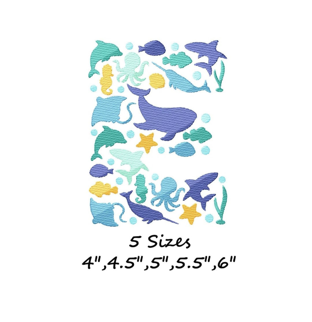 Under the Sea Letter E Embroidery Design, Ocean Animals Monogram ...