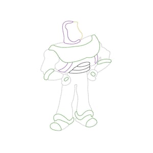 May include: An embroidered design of Buzz Lightyear from Toy Story. The character is depicted in a standing pose with hands on hips, outlined in green, purple, black, and yellow thread on a white background. The design captures the iconic space ranger's suit.