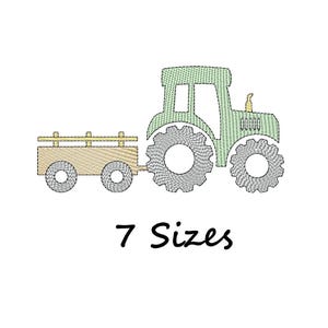 Puede incluir: Diseño bordado de un tractor verde tirando de un vagón beige con una barandilla amarilla. El tractor tiene ruedas grises grandes y un diseño detallado. El texto "7 Sizes" está debajo de la imagen.