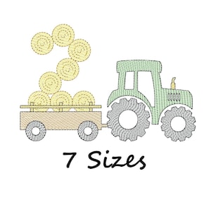 May include: An embroidered design of a green tractor pulling a wagon filled with hay bales. The hay bales are arranged in the shape of the number two. The text "7 Sizes" is below the tractor.