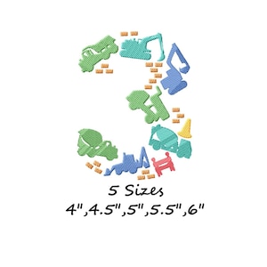 May include: An embroidered design featuring the number 3, composed of colorful construction vehicles and brick details. The text below indicates available sizes: 4", 4.5", 5", 5.5", and 6".