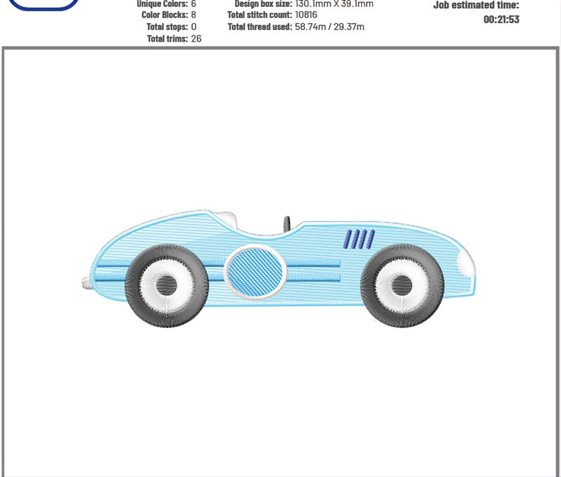 Pode incluir: Um carro de corrida de brinquedo azul claro com rodas pretas e interior branco. O carro tem um design listrado azul e branco no lado.