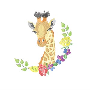 May include: Embroidered giraffe head with a floral wreath. The giraffe is tan with brown spots and black accents. The wreath includes yellow, red, purple, and blue flowers with green leaves. The design is on a white background.
