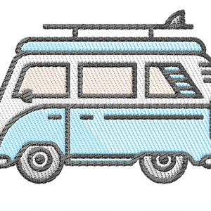 May include: A blue and white vintage van with a surfboard on the roof. The van has a black outline and grey wheels.