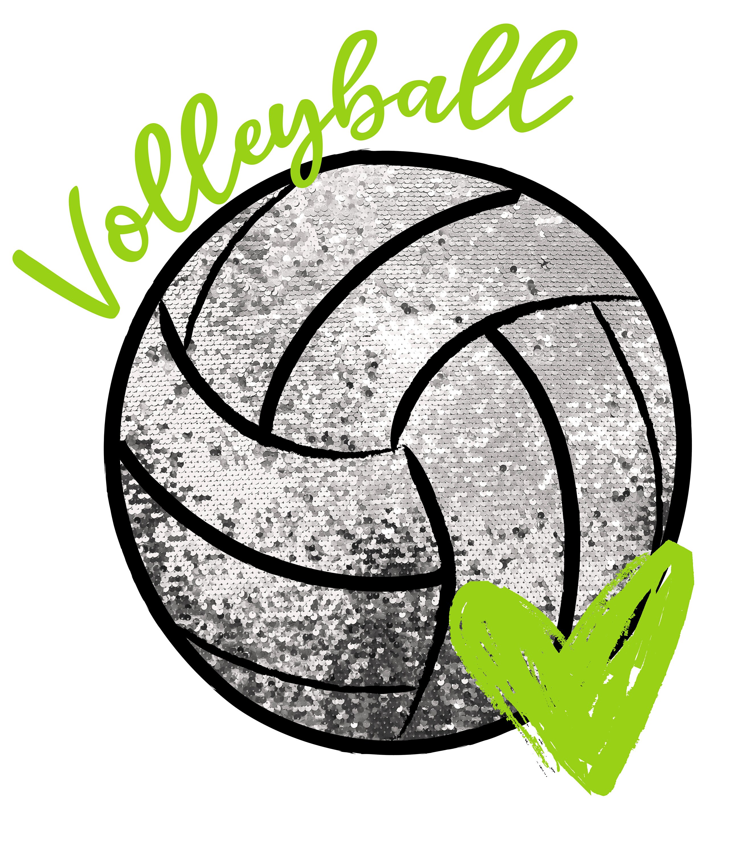 Volleyball Sequins W Heart, Neon Green, High Res Png,12x12,300dpi