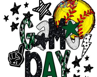 Op de afbeelding: Een zwart en groen glitterontwerp met de woorden "Game Day!" en een gele softbal met rode naden. Het ontwerp is omringd door zwarte sterren.