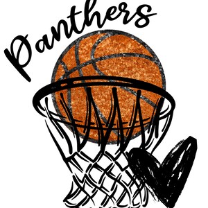 May include: Black and orange basketball with glitter going through a black basketball hoop with the word "Panthers" in black cursive above the basketball.