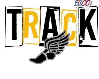 Könnte beinhalten: Schwarz-gelbes Grafikdesign mit dem Wort "TRACK" in fetten Buchstaben. Ein schwarzer und silberner Laufschuh mit Flügel befindet sich unter dem Wort.