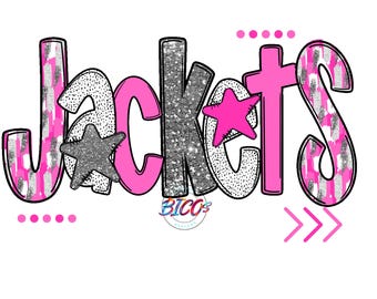 May include: A graphic design featuring the word "Jackets" in a vibrant, playful font. The letters are in pink, silver glitter, and black, with star accents. The design includes pink dots and arrows.