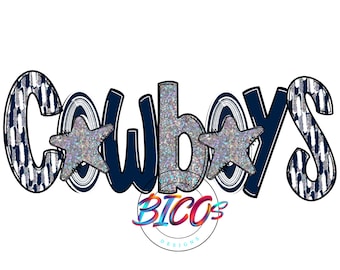 May include: A blue and white graphic design with the word "Cowboys" in large, bold letters. The letters are decorated with a white and blue patterned design. Two silver glitter stars are included in the design. The text "Bicos Designs" is included in the bottom center of the design.