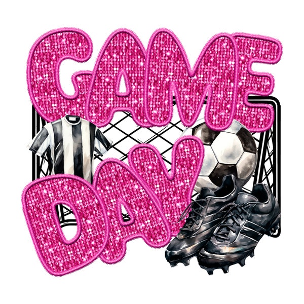 Game Day Soccer Pink, Faux Embroidery, Sequins, High Resolution PNG,,300DPI Design Only Mockup Visual Purpose only-Commercial Use