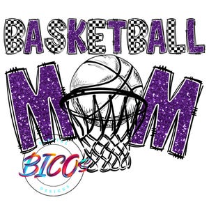 Basketball Mom, Checker-Glitter PNG, Purple, High Resolution png, PNG design ONLY- Mockup Visual Purpose only-Commercial Use