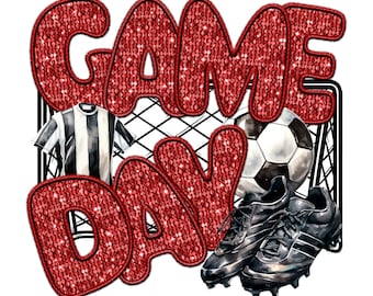 Game Day Soccer Red, Faux Embroidery, Sequins, High Resolution PNG,,300DPI Design Only Mockup Visual Purpose only-Commercial Use
