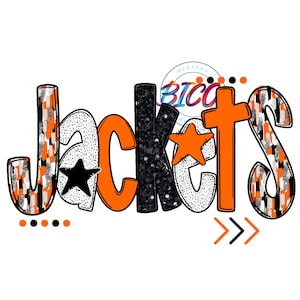 May include: Orange, black, and white graphic design with the word "Jackets" in a bold, stylized font. The design includes stars and a black and white checkered pattern.