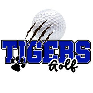 May include: A blue and black graphic with the word "TIGERS" in a bold font with a paw print and the word "golf" written in a cursive font. A golf ball with black claw marks is above the text.